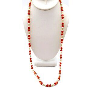 Vintage Monet Faux Coral Necklace with Elegant White and Gold Tone Beads, Long C